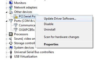 Installation of Multi-port drivers in Windows 7 20 Right Click on PCI Serial Port