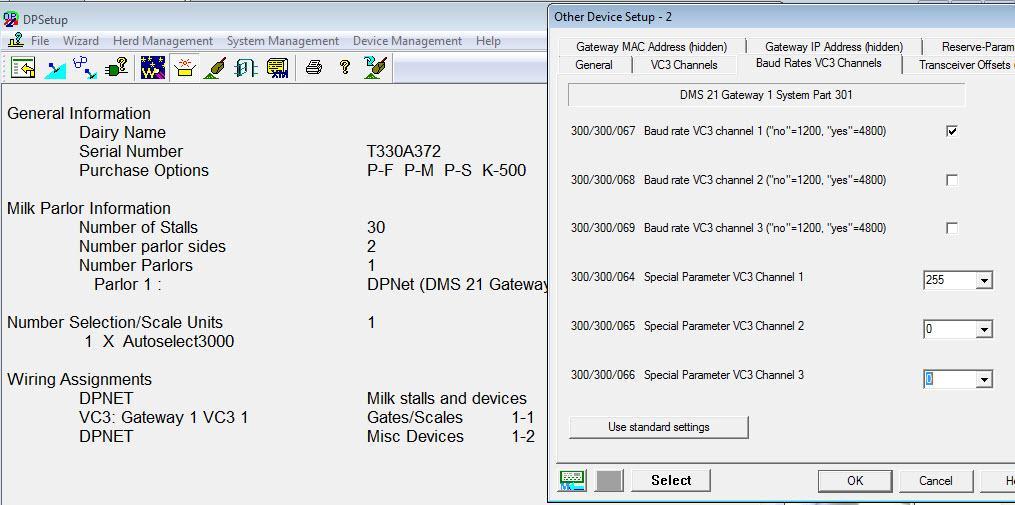 DMS21 Gateway Com Ports 6] DPSetup / Device Management / Other DPNET Devices 8] Baud rates VC3 Channels 9] Baud rate depends Selection gate Program Version *(see notes) Leave blank for Parlour ID and