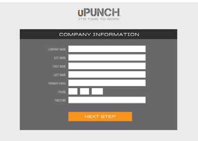 3. Enter your company information, then click Next Step. The Site Name field allows you to customize your upunch login page, which you and your employees will use to log in to the system.