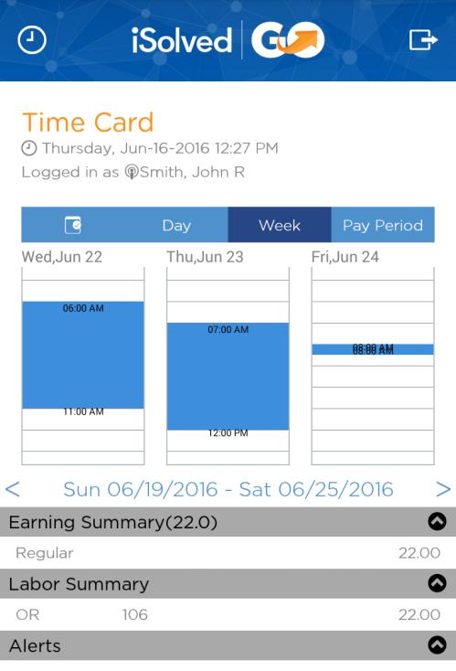 The selected pay period dates are displayed below the calendar. A blue dot indicates normal hours on your Time Card for that date. A red dot indicates a Time Entry Error.