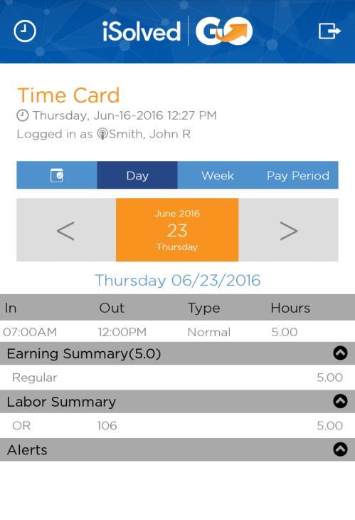 The Earning Summary, Labor Summary and Alerts menus can be expanded for detailed weekly totals.
