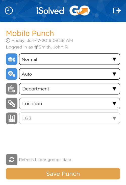 Mobile Punch Use the following steps to create a punch using the isolved Go interface. 1. Select the Mobile Punch option in the Time Menu. 2. Enter the different punch parameters that you require.