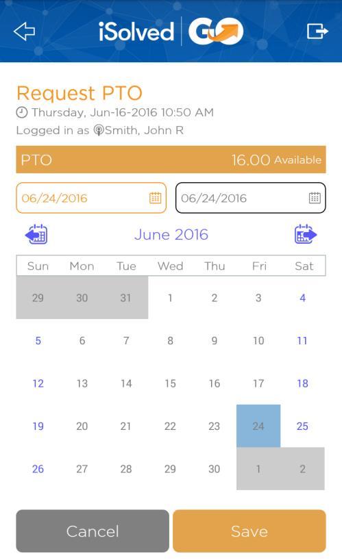 1. Select the From and To dates for the time off request. Dates can be selected by pressing each desired date directly from the calendar.