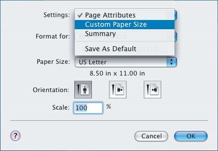 3 PRINTING FROM Macintosh 3.PRINTING FROM Macintosh Creating Custom Page Size on Mac OS X 0..4 to Mac OS X 0.3.x Select [Custom Paper Size] in the [Settings] box.