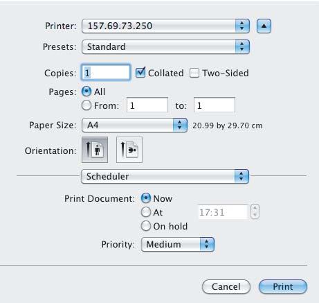 3 PRINTING FROM Macintosh Scheduler In the Scheduler menu, you can set when a print job will be sent to the equipment. ) Print Document This sets when a print job will be sent to the equipment.