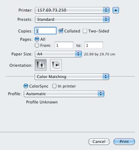 3 PRINTING FROM Macintosh 3.PRINTING FROM Macintosh Color Matching In the Color Matching menu you can adjust the colors on the printouts. This menu is displayed only for Mac OS X 0.5.x to Mac OS X 0.