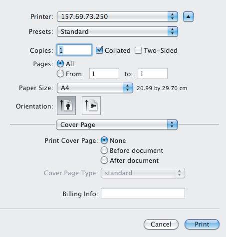 3 PRINTING FROM Macintosh Cover Page In the Cover Page menu, you can set whether to send a print job with a banner page.
