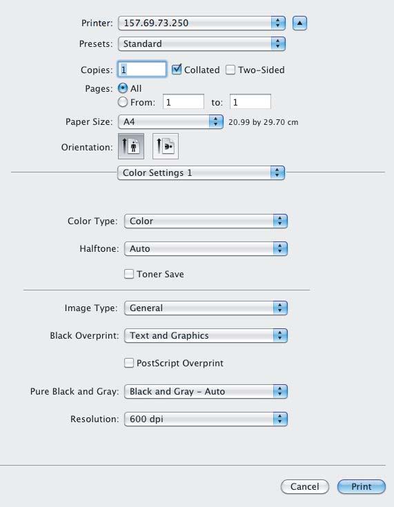 3 PRINTING FROM Macintosh Color Settings In the Color Settings and Color Settings menus, you can adjust the color settings for printing.