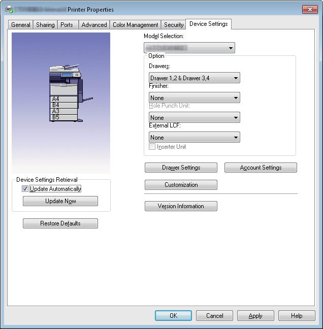PRINTING FROM WINDOWS 3 Display the [Device Settings] tab menu, and set the following options. Model Selection This sets the model type.