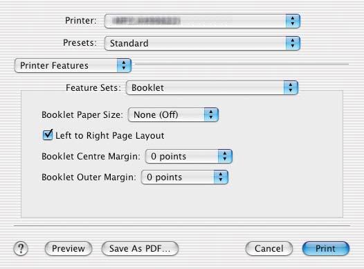3 PRINTING FROM Macintosh Printer Features In the Printer Features menu, you can set special printing features. P.54 Booklet P.55 Color Settings P.56 Color Settings P.57 Color Settings 3 P.