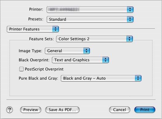 3 PRINTING FROM Macintosh Color Settings In the Color Settings, you can set image quality for printing. This option is available only when your equipment is a multifunctional digital color system.