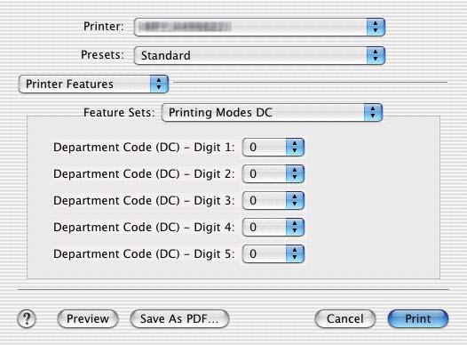 3 PRINTING FROM Macintosh Printing Modes DC In the Printing Modes DC menu, you can specify your department code, if this equipment is so enabled.