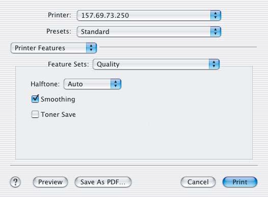 3 PRINTING FROM Macintosh Quality In the Quality menu, you can specify various image quality features. This option is available only when your equipment is a multifunctional digital system.
