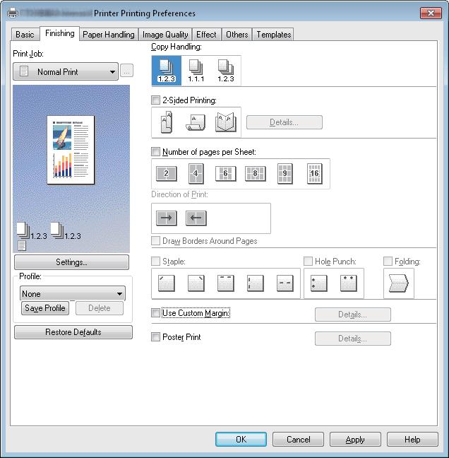 PRINTING FROM WINDOWS.PRINTING FROM WINDOWS [Finishing] tab The [Finishing] tab allows you to enable sort printing, -sided printing, N-up printing, poster printing, stapling and punching.
