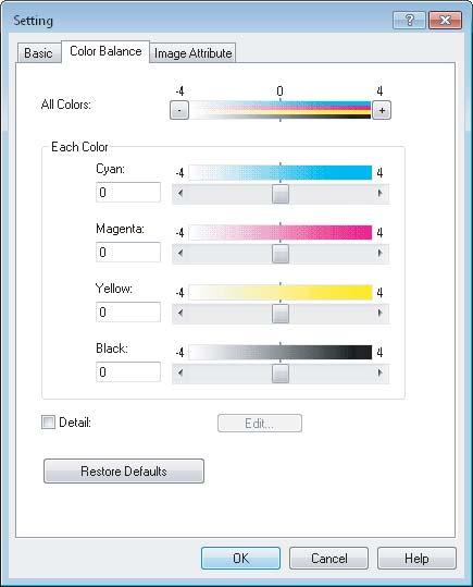PRINTING FROM WINDOWS Setting: [Color Balance] tab In the [Color Balance] tab of the [Setting] dialog box, you can specify the following functions.