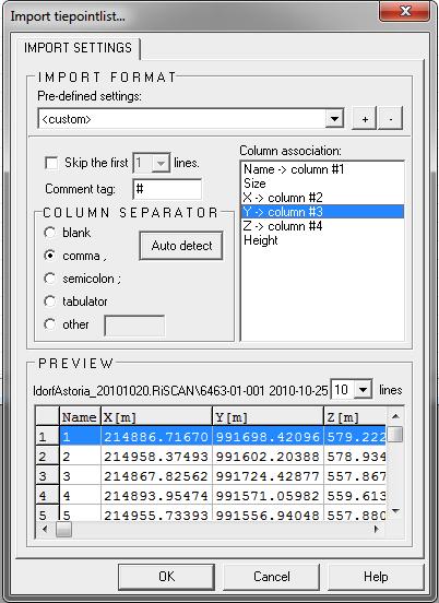 RiScan Pro will assume column organization and units (in meters), which can be changed manually, depending on