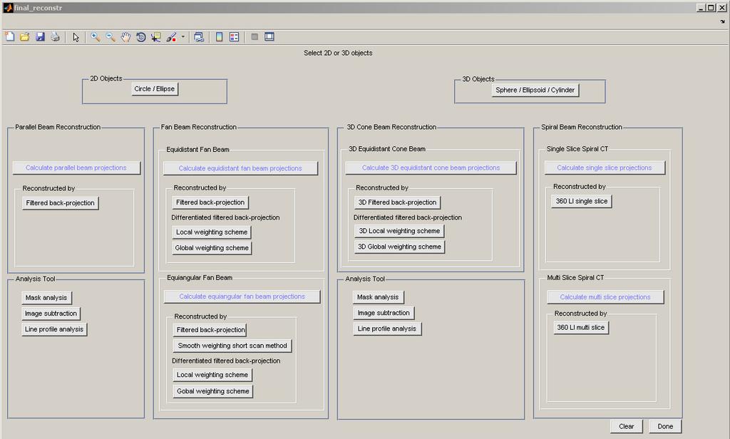 Figure 3.1: The main GUI window layout showing all components to access different reconstruction algorithms. objects separately. The detailed explanation for the analysis panels follows in Chapter 4.
