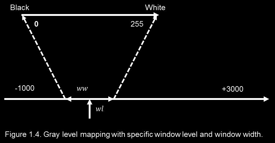 We can see that with a smaller window level and window width (wl = HU, ww = HU), more small details can be seen clearly in (a). 1.