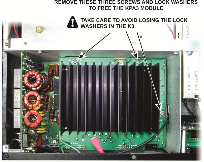 Remove the three screws securing the KPA3 amplifier module to the shield assembly (see Figure 3). Figure 3. Removing the KPA3 Screws.