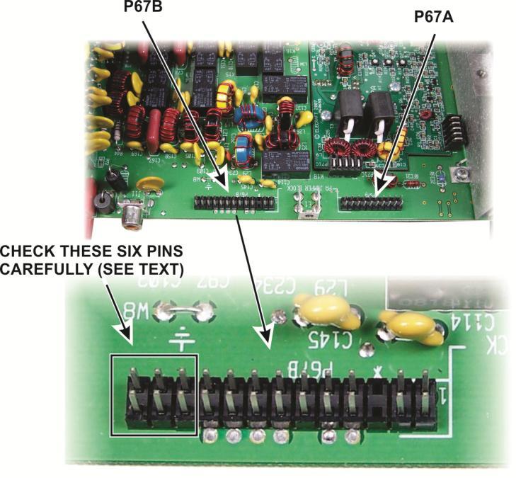 Locate male multi-pin connectors P67A and P67B near the back edge of the K3 main (RF) circuit board (see Figure 13).