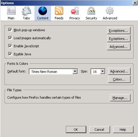 You can enable Java, Javascripts and pop-ups in one screen. Click Tools, then click Options in the screen that appears.