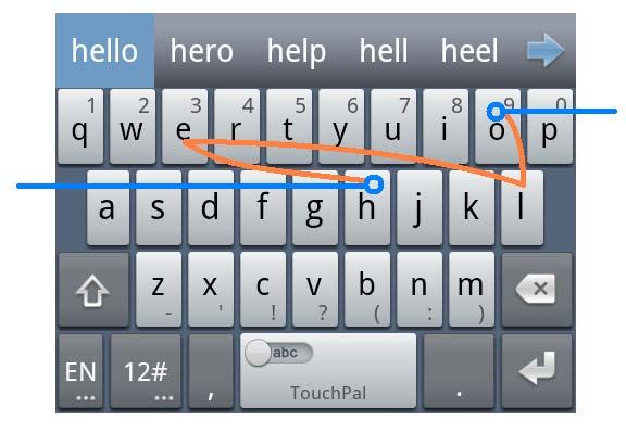 Touch to enter the left letter on the key; Double-tap or flick right to enter the right letter/symbol on the key. If word prediction is enabled ( ), just touch the keys and choose the right word.