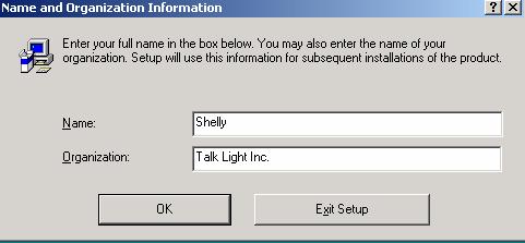 3. Name and Organization Information Screen: Enter in the User Name and