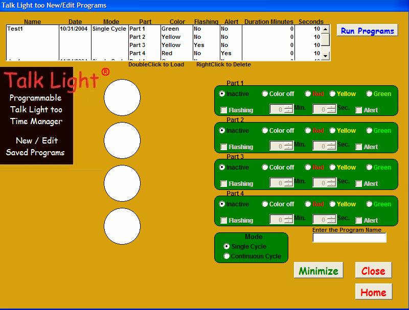 Creating a New Program New / Edit Saved Programs Page: Each Part represents a different function on the traffic light.