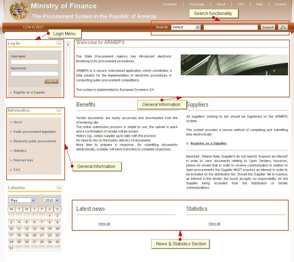 2.3. Main Page Figure 5 Main ARMEPS page The main page of the ARMEPS platform consists of the following elements: Left column, which contains the Login panel, General Information Panel, and Calendar
