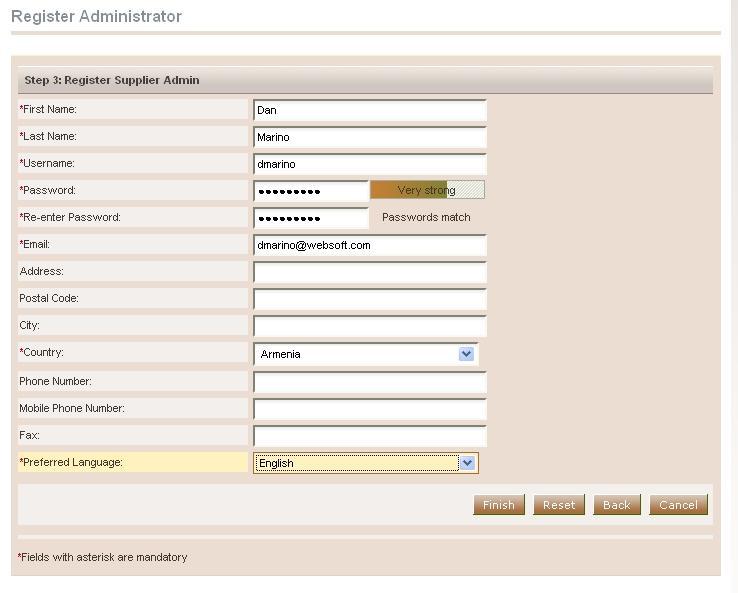 Figure 19 Registration of EO admin In order to finalise the registration process the user selects the button Finish.