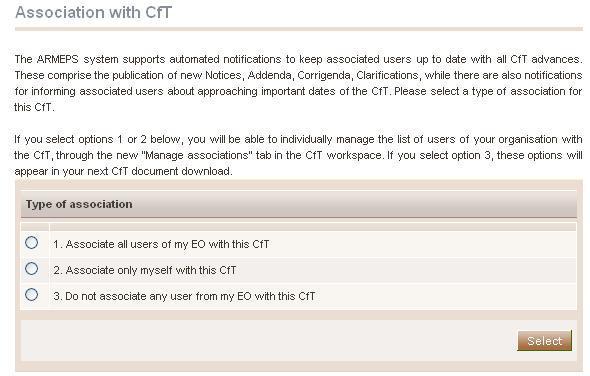 8. Expression of Interest for a CfT In order for the user to express his interest to a call for tender (CfT), he needs to download one of the CfT resources (eg.