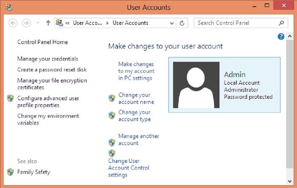 Note: You must have the administrative privileges in order to use the Windows User Accounts applet.