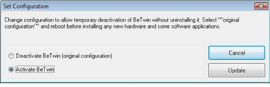 When selected, the Set Configuration option presents the following options: A reboot is required before either selected option will take effect.