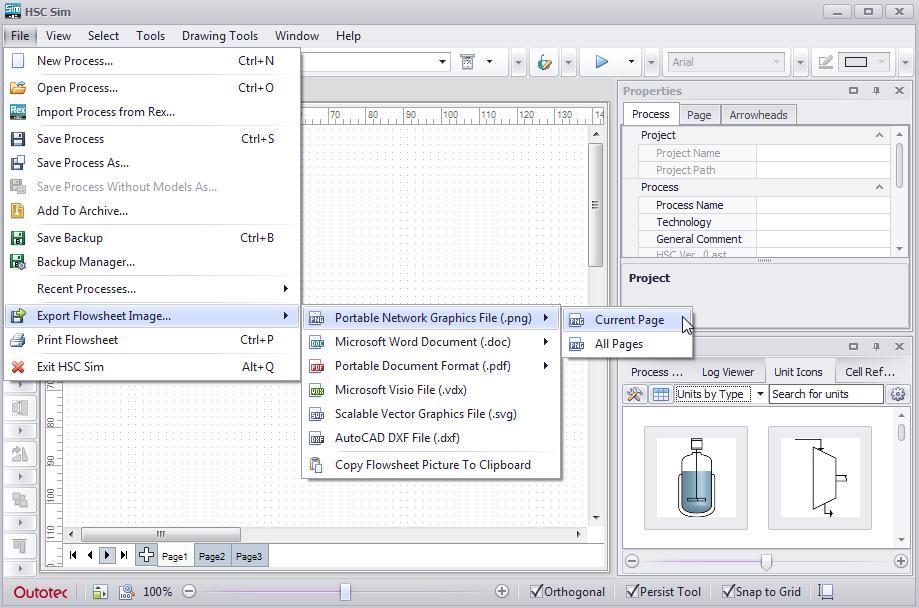 15021-ORC-J 9 (33) 40.2. Menus in the flowsheet window In this section, the Sim flowsheet menus (File, View, Select, Tools, Drawing Tools, Window and Help) are introduced.