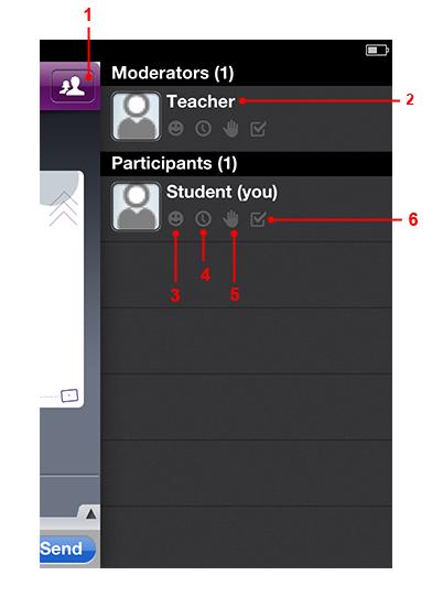 Participant List Features 1. Close the Participant's List Tap to return to the Main Content screen. 2. Moderators Moderators are usually instructors or presenters.