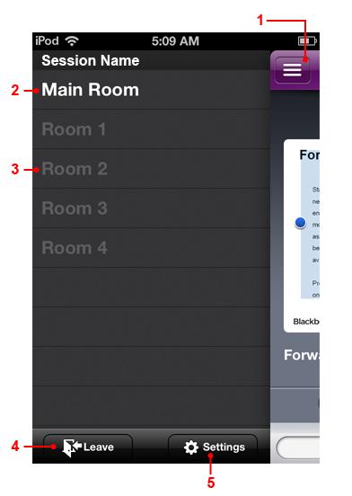 The Rooms List Features 1. Return to the Main Content Screen Tap to return to the Main Content Screen. 2.