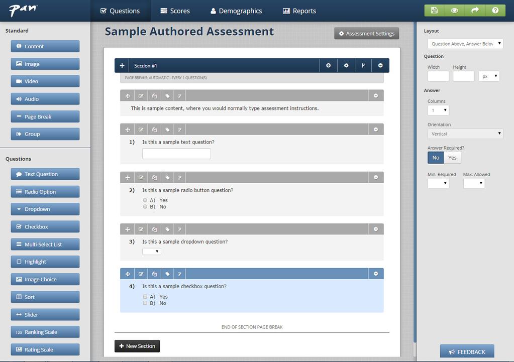 After all four tabs have been filled out, a finished assessment might look something like this. When the assessment design is complete, click the Save icon.