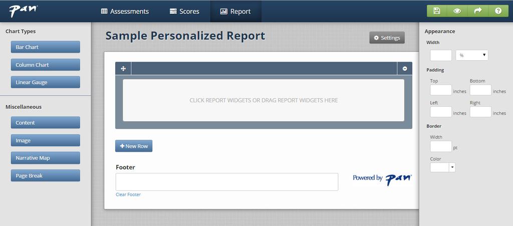 To build a personalized report, use an available option from the Chart Types or Miscellaneous sections