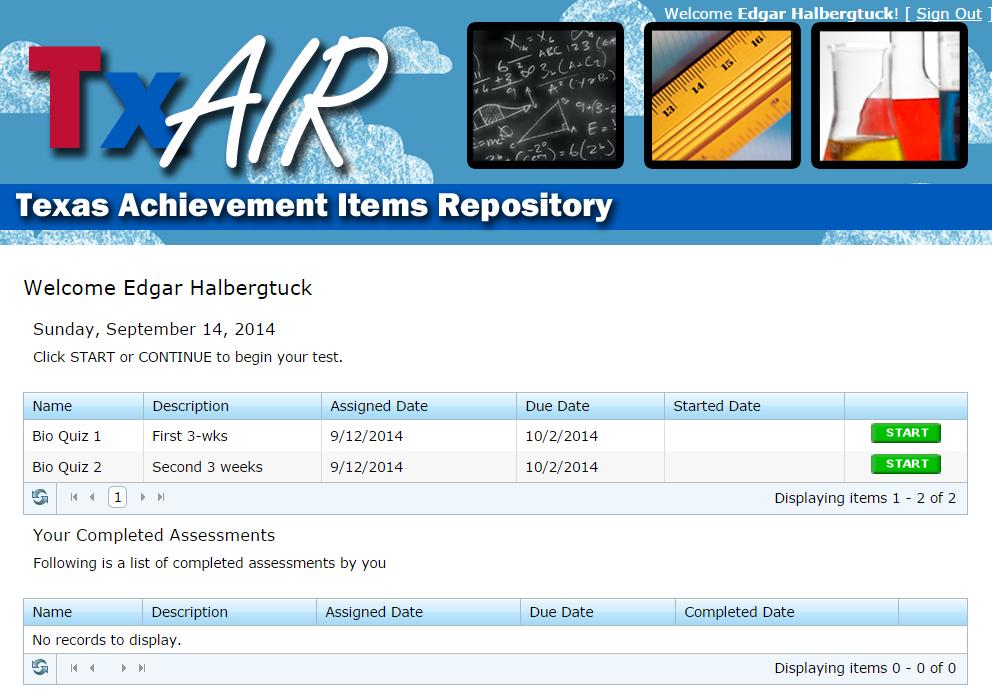 The TxAIR student dashboard displays the available tests and quizzes as well as completed assessments.