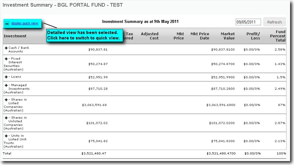 Each time a change is made in Simple Fund, this will automatically be synched in the background with Portal. The Investment Summary by default will display holdings held as at the previous day.