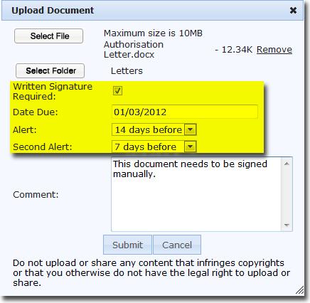 Date Due Enter the date by which the document needs to be signed Alert You can set up a reminder and Portal will send an email to the signatory on the number of days specified prior to the date due.