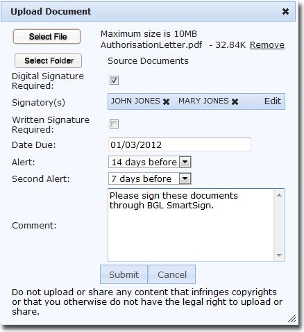 Date Due Enter the date by which the document needs to be signed Alert You can set up a reminder and Portal will send an email to the signatory on the number of days specified prior to the date due.