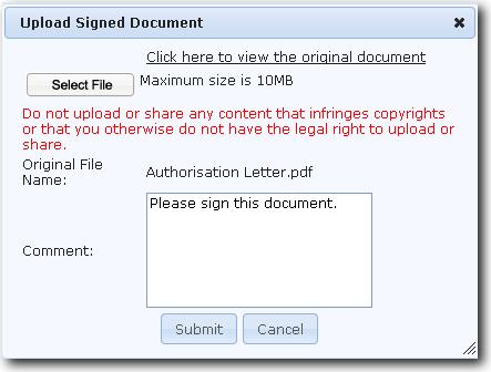 Select File The signed document can be uploaded by clicking this icon Progress The progress bar will