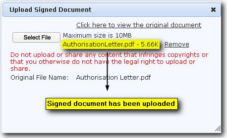 Comment A note can be added here on the uploaded signed document.