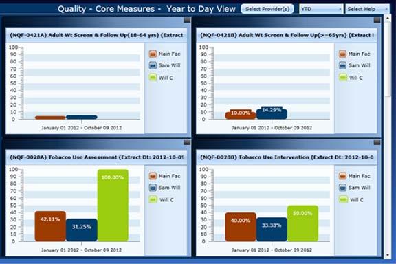 Yearly View The graphs displayed in this view are side-by-side comparisons of the providers and the entire practice s Meaningful Use of the selected measure type for the previous calendar year,