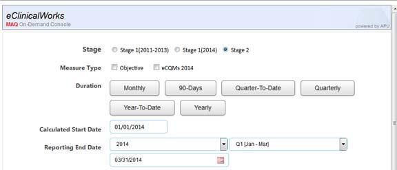 The start date is calculated based on the selected end date and displays in the Calculated Start Date field: If Quarterly is selected, click the drop-down arrows in the Reporting End Year/Quarter