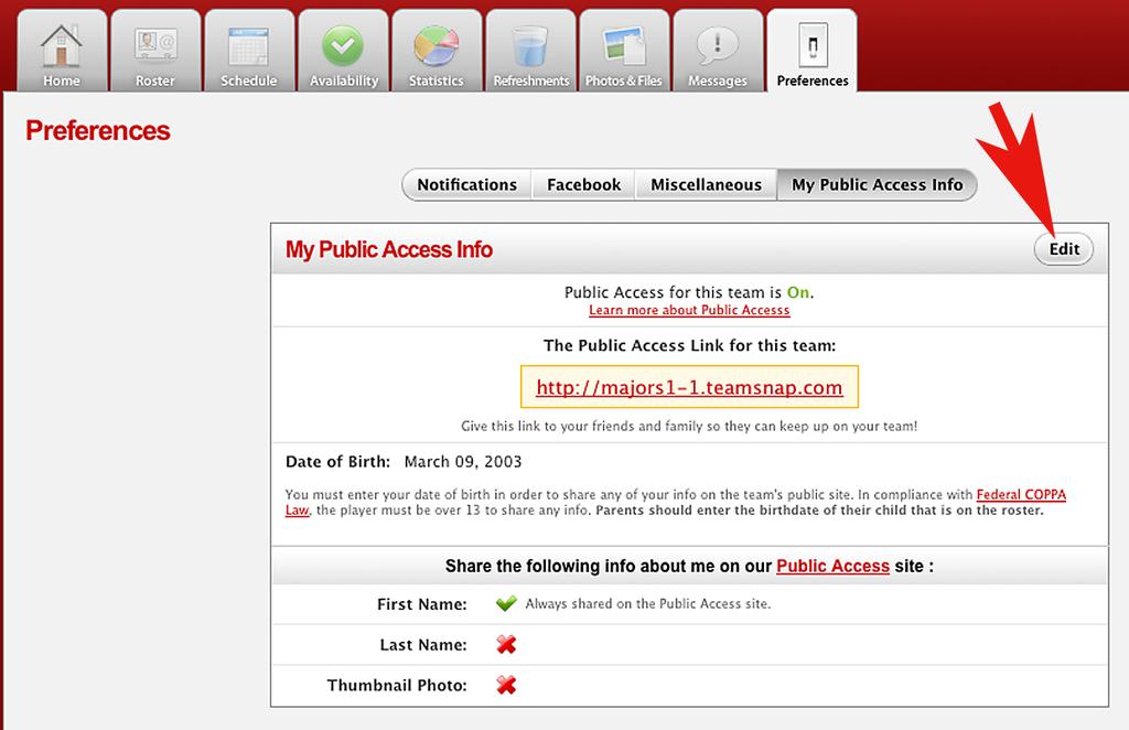 My Public Access Info Tab You can set your preferences for what the public page
