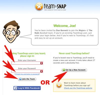 How to Login to TeamSnap from Email Invite 1. Find the email invitation sent to you from TeamSnap. 2. Click the blue Join button in the top right or at the bottom of your email (see screen above).