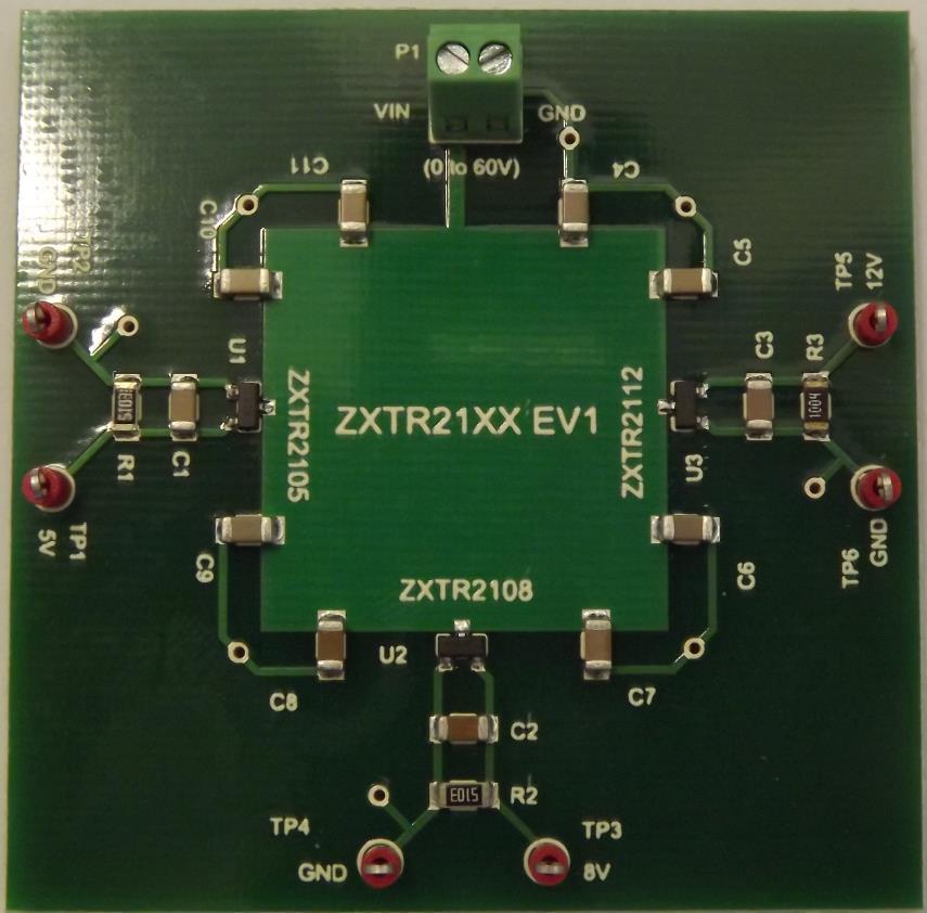 ZXTR1XXEV1 USER GUIDE Description The board is intended for the evaluation of ZXTR1XXF series high voltage 0V linear regulators with fixed 5V, 8V and 1V output voltages in SOT3.