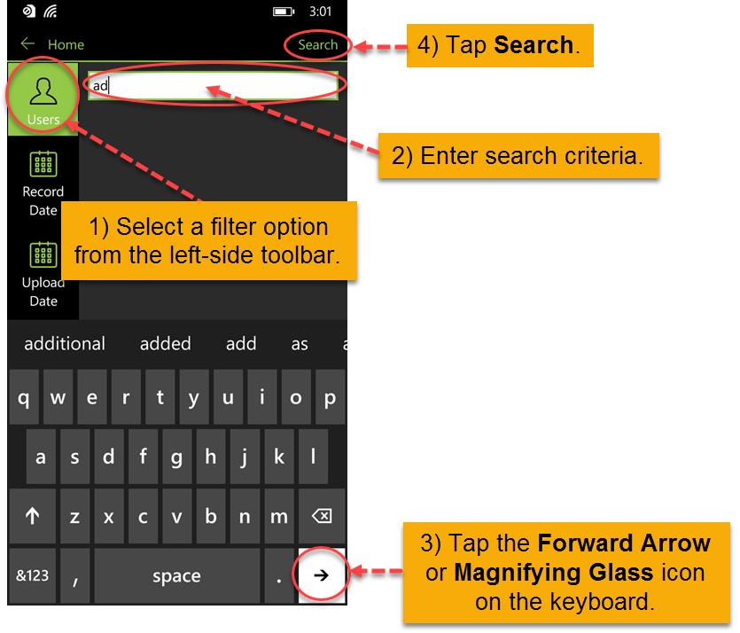 Windows Device From the left-side toolbar, select a filter option (for example, Users). Enter a search criterion into the Search box.